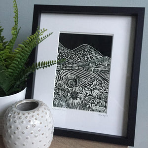 Mournes black and white hand printed print