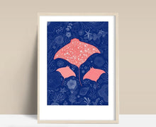 Load image into Gallery viewer, Pink Manta rays in the deep blue print
